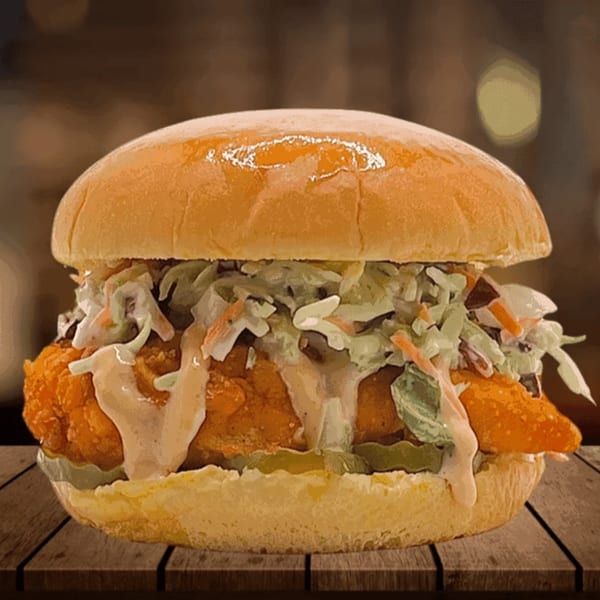 Five Star Chicken sandwich with fried chicken, coleslaw, pickles, and sauce on a bun.