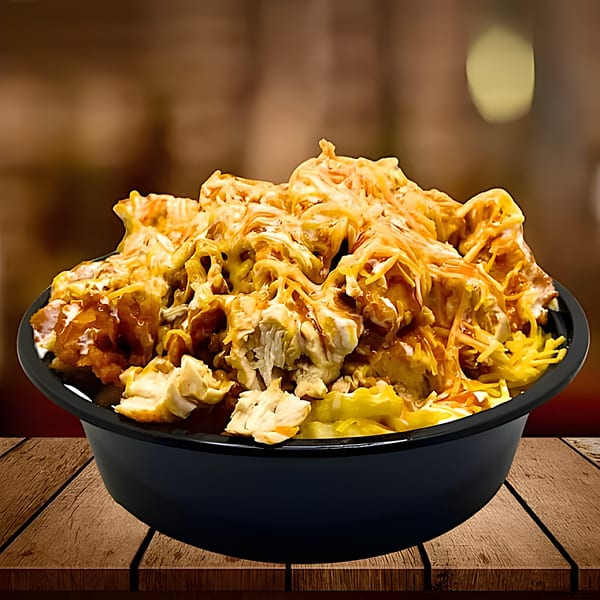 A black bowl filled with Five Star Chicken's fried chicken, cheese, and sauce on a wooden table.